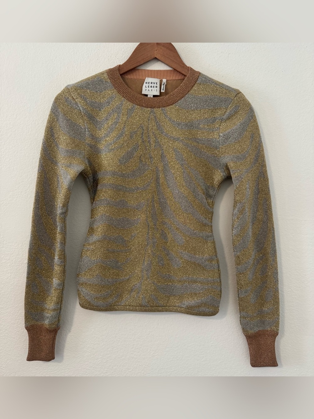 HERVE LEGER Metallic Zebra-Jacquard Sweater Vintage Designer Animal Print Small